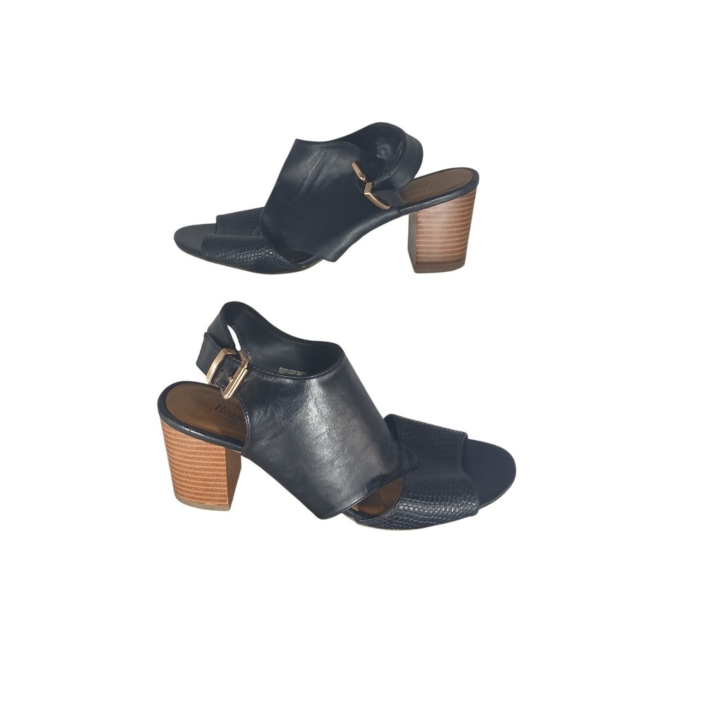 Bass Presley Black Leather Peep Toe Block‎ Heel Slingback Sandals Size 7